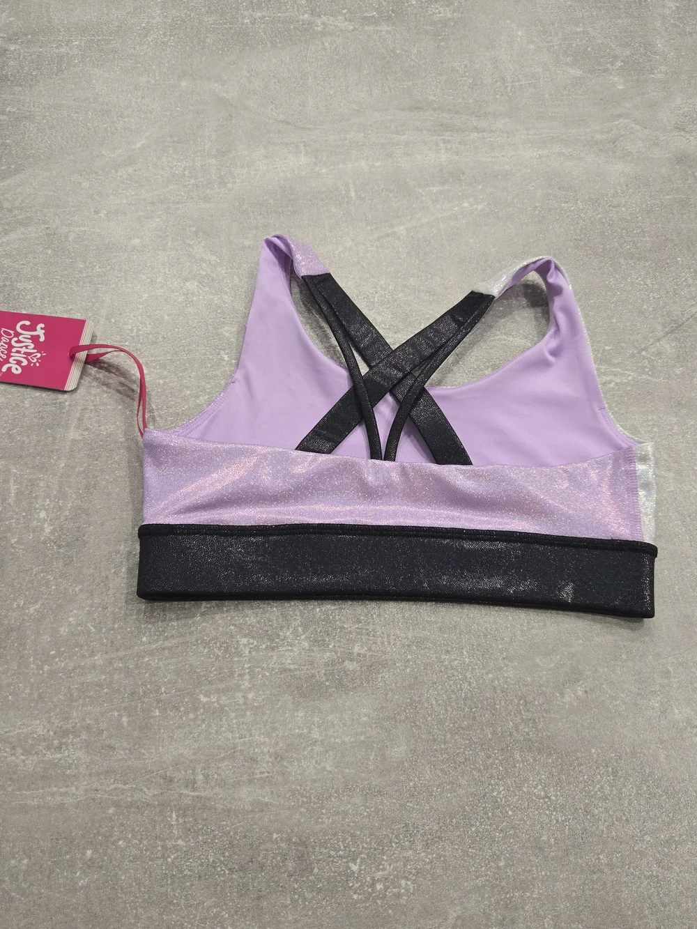 NWT Justice Girls Strappy Back Sports Bra Metallic Lavender Silver Size S (7/8)